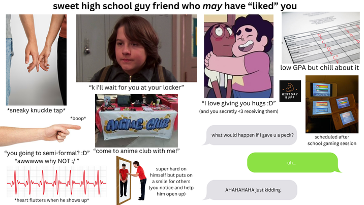 sweet high school guy friend who may have "liked" you *sneaky knuckle tap* COURSE English Achievement Algebra D F Computer Science C Biology D B F C D "k i'll wait for you at your locker" *boop* ANIME CLIE "I love giving you hugs :D" (and you secretly <3 receiving them) World History Hebrew D F low GPA but chill about it .. HISTORY BUFF "you going to semi-formal? :D" "come to anime club with me!” "awwwww why NOT :/" *heart flutters when he shows up* super hard on himself but puts on a smile for others (you notice and help him open up) what would happen if i gave u a peck? scheduled after school gaming session AHAHAHAHA just kidding uh...