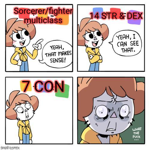 Sorcerer/fighter multiclass 14 STR&DEX SHENRIX YEAH, THAT MAKES SENSE! YEAH, I CAN SEE THAT. 7 CON WHAT THE F---