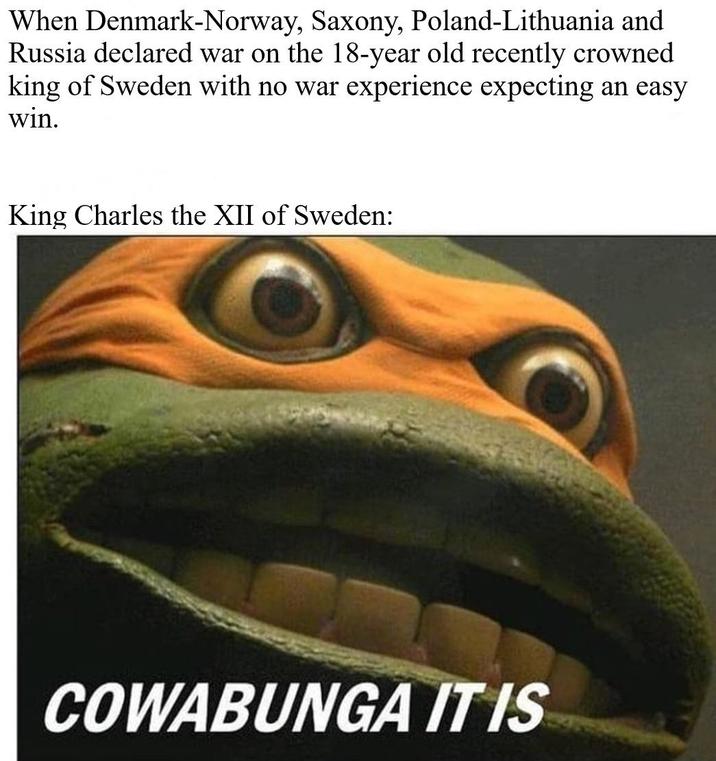 When Denmark-Norway, Saxony, Poland-Lithuania and Russia declared war on the 18-year old recently crowned king of Sweden with no war experience expecting an easy win. King Charles the XII of Sweden: COWABUNGA IT IS