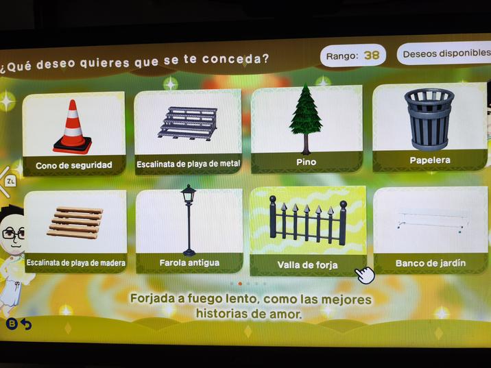¿Qué deseo quieres que se te conceda? Rango: 38 Deseos disponibles Cono de seguridad Escalinata de playa de metal Pino Papelera ZL Qε B Escalinata de playa de madera Farola antigua Valla de forja Forjada a fuego lento, como las mejores historias de amor. Banco de jardín