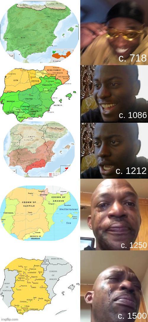 BADAJOZ PORTUGAL DE FORTUGAL LEON in gravid CASTILLA TOITDO www Faplor REINO FRANCO F Con Cent. Rarcelon c. 718 ZARAGOZA Sonkon Order CORDO BEVILLA GRANADA VALENCIA Beva imgflip.com MAVAGA H CROWN OF CASTILE CROWN OF ARAGON T Mediterranean Dreade EMIRATE OF GRANADA RENDE FR Ви CORONA DE Seg Panc Tod Conca C E Antece ARAGON Sea c. 1086 c. 1212 c. 1250 d c. 1500