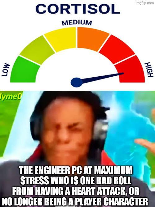 LOW lyme0 CORTISOL MEDIUM imgflip.com HIGH THE ENGINEER PC AT MAXIMUM STRESS WHO IS ONE BAD ROLL FROM HAVING A HEART ATTACK, OR NO LONGER BEING A PLAYER CHARACTER