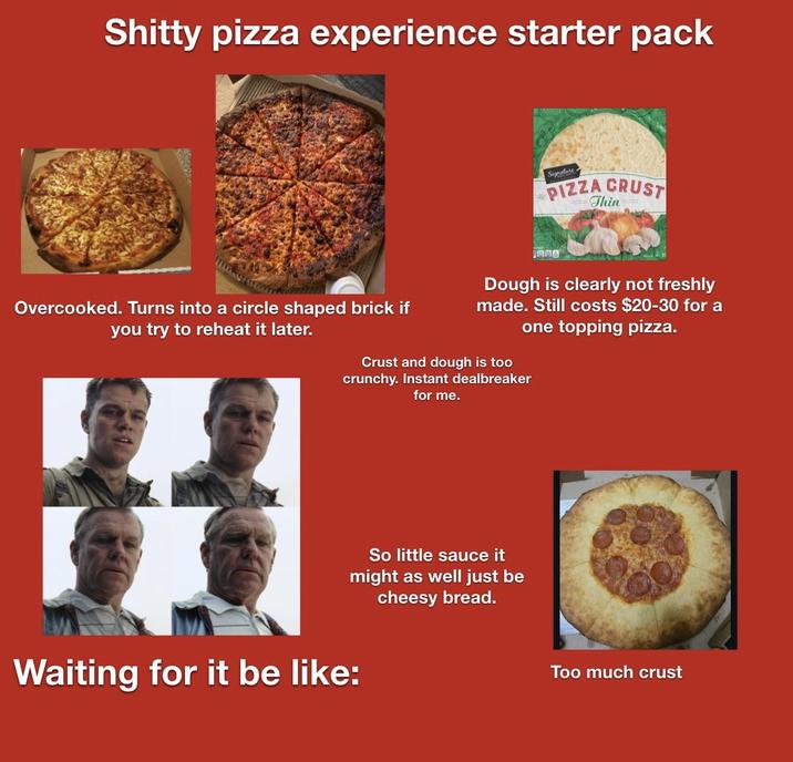 S----- pizza experience starter pack Signatur PIZZA CRUST Thin Overcooked. Turns into a circle shaped brick if you try to reheat it later. OPA Dough is clearly not freshly made. Still costs $20-30 for a one topping pizza. Crust and dough is too crunchy. Instant dealbreaker for me. So little sauce it might as well just be cheesy bread. Waiting for it be like: Too much crust