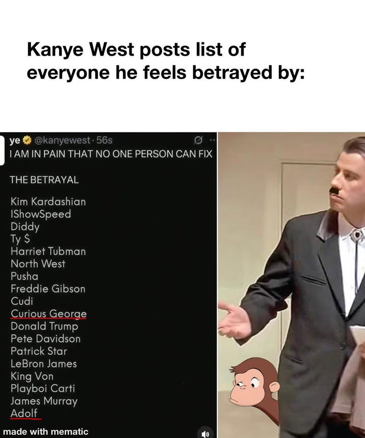 Kanye West posts list of everyone he feels betrayed by: ye @kanyewest 56s I AM IN PAIN THAT NO ONE PERSON CAN FIX THE BETRAYAL Kim Kardashian IShowSpeed Diddy Ty $ Harriet Tubman North West Pusha Freddie Gibson Cudi Curious George Donald Trump Pete Davidson Patrick Star LeBron James King Von Playboi Carti James Murray Adolf made with mematic