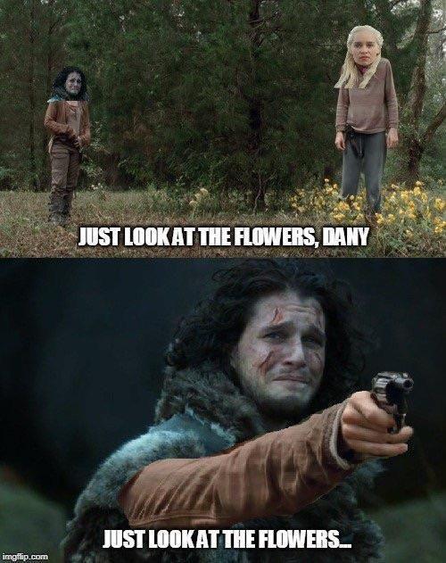 imgflip.com JUST LOOK AT THE FLOWERS, DANY JUST LOOK AT THE FLOWERS...
