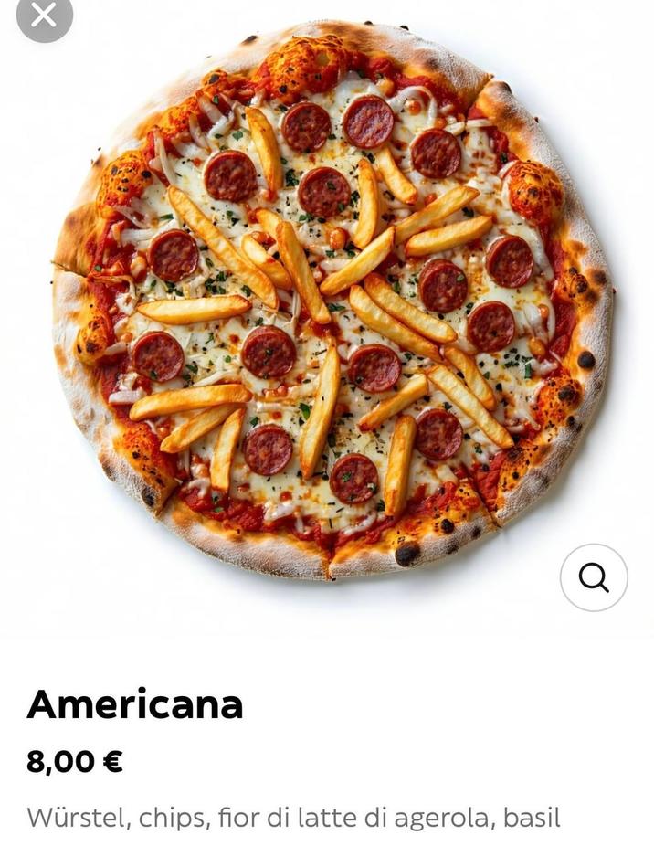 ୪ Americana 8,00 € Würstel, chips, fior di latte di agerola, basil