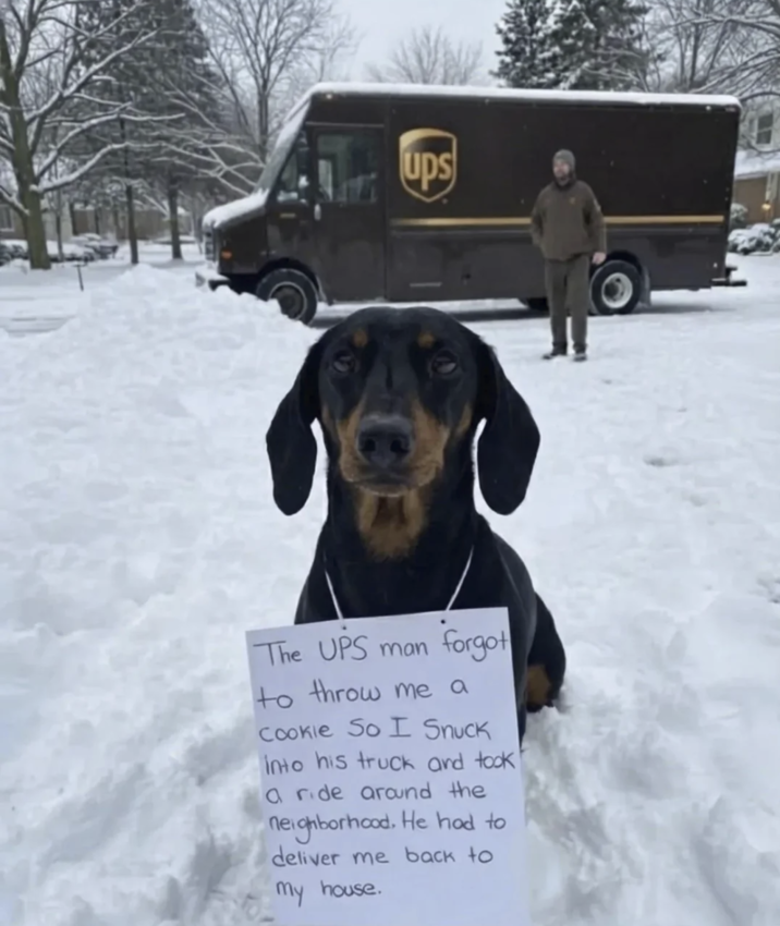 Ups The UPS man forgot to throw me a Cookie So I Snuck into his truck and took a ride around the neighborhood. He had to deliver me back to my house.