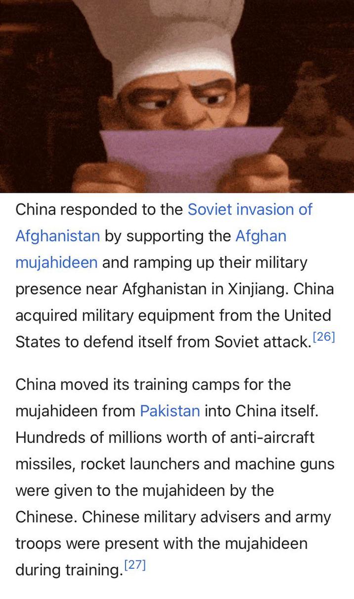 China responded to the Soviet invasion of Afghanistan by supporting the Afghan mujahideen and ramping up their military presence near Afghanistan in Xinjiang. China acquired military equipment from the United States to defend itself from Soviet attack. [26] China moved its training camps for the mujahideen from Pakistan into China itself. Hundreds of millions worth of anti-aircraft missiles, rocket launchers and machine guns were given to the mujahideen by the Chinese. Chinese military advisers and army troops were present with the mujahideen during training. [27]
