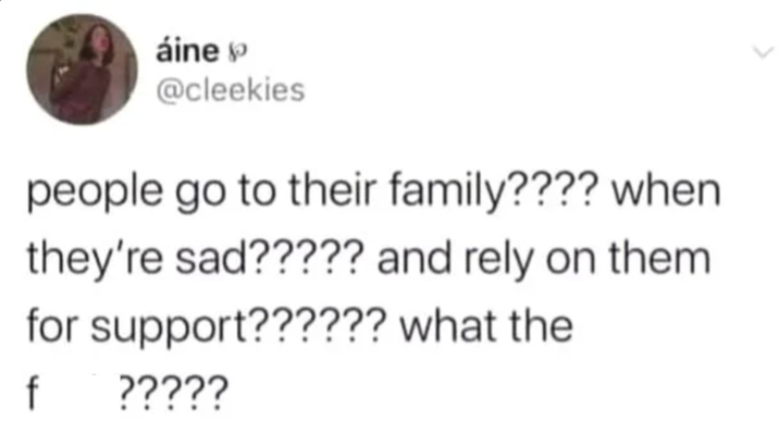áine @cleekies people go to their family???? when they're sad????? and rely on them for support?????? what the f ?????