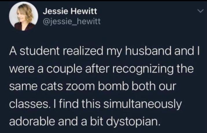 Jessie Hewitt @jessie_hewitt A student realized my husband and I were a couple after recognizing the same cats zoom bomb both our classes. I find this simultaneously adorable and a bit dystopian.
