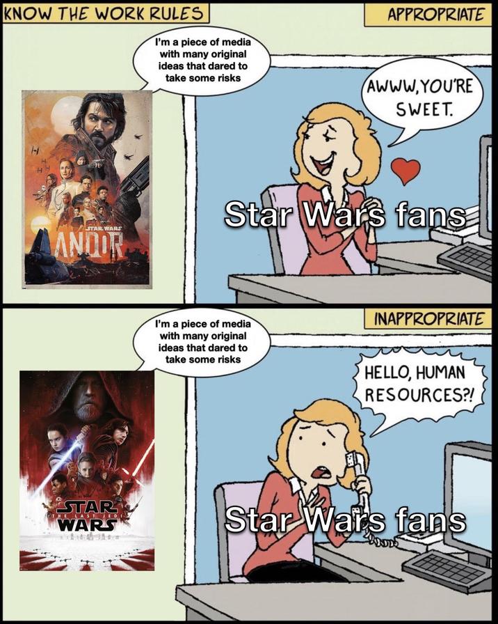 KNOW THE WORK RULES I'm a piece of media with many original ideas that dared to take some risks APPROPRIATE AWWW, YOU'RE SWEET. STAR WARS ANDOR Star Wars fans I'm a piece of media with many original ideas that dared to take some risks INAPPROPRIATE HELLO, HUMAN RESOURCES?! STAR WARS THE LAST JED Star Wars fans