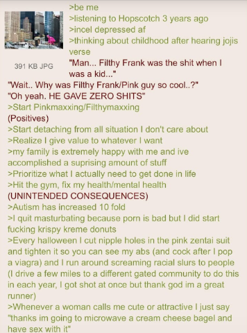391 KB JPG >be me >listening to Hopscotch 3 years ago >incel depressed af >thinking about childhood after hearing jojis verse "Man... Filthy Frank was the s--- when I was a kid..." "Wait.. Why was Filthy Frank/Pink guy so cool..?" "Oh yeah. HE GAVE ZERO S----" >Start Pinkmaxxing/Filthymaxxing (Positives) >Start detaching from all situation I don't care about >Realize I give value to whatever I want >my family is extremely happy with me and ive accomplished a suprising amount of stuff >Prioritize what I actually need to get done in life >Hit the gym, fix my health/mental health (UNINTENDED CONSEQUENCES) >Autism has increased 10 fold >I quit masturbating because p--- is bad but I did start f------ krispy kreme donuts >Every halloween I cut nipple holes in the pink zentai suit and tighten it so you can see my abs (and c--- after I pop a viagra) and I run around screaming racial slurs to people (I drive a few miles to a different gated community to do this in each year, I got shot at once but thank god im a great runner) >Whenever a woman calls me cute or attractive I just say "thanks im going to microwave a cream cheese bagel and have sex with it"
