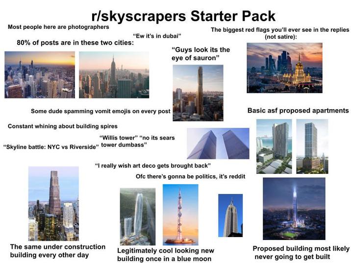 r/skyscrapers Starter Pack Most people here are photographers 80% of posts are in these two cities: "Ew it's in dubai" The biggest red flags you'll ever see in the replies (not satire): "Guys look its the eye of sauron" Some dude spamming vomit emojis on every post Constant whining about building spires "Skyline battle: NYC vs Riverside" "Willis tower" "no its sears tower dumbass" "I really wish art deco gets brought back" Ofc there's gonna be politics, it's reddit The same under construction building every other day Legitimately cool looking new building once in a blue moon Basic asf proposed apartments Proposed building most likely never going to get built