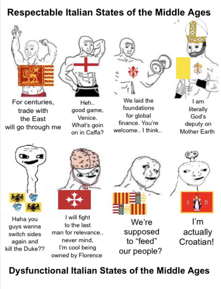 Respectable Italian States of the Middle Ages For centuries, trade with the East will go through me Heh.. good game, Venice. What's goin on in Caffa? We laid the foundations for global finance. You're welcome.. I think.. I am literally God's deputy on Mother Earth Haha you guys wanna switch sides again and kill the Duke?? I will fight to the last man for relevance... never mind, I'm cool being owned by Florence We're supposed I'm actually to "feed" Croatian! our people? Dysfunctional Italian States of the Middle Ages