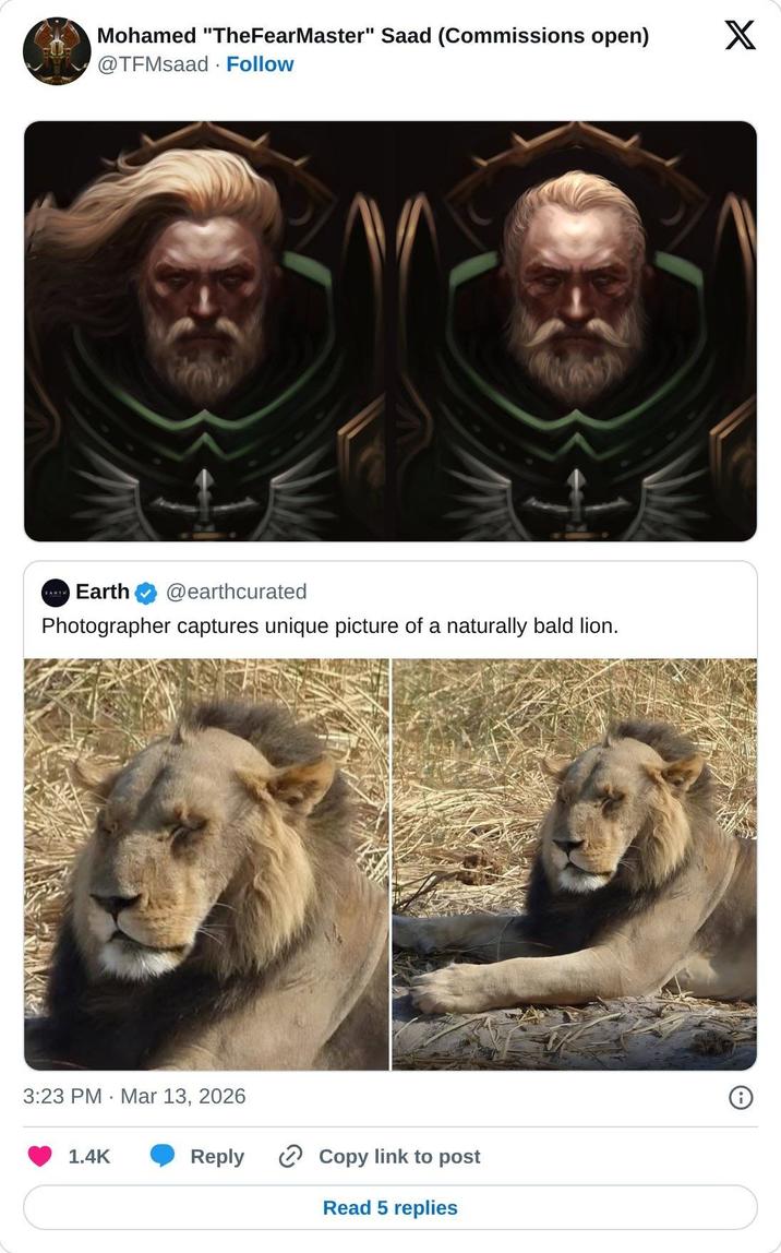 Mohamed "TheFearMaster" Saad (Commissions open) @TFMsaad Follow " EARTH Earth @earthcurated Photographer captures unique picture of a naturally bald lion. 3:23 PM Mar 13, 2026 . 1.4K Reply Copy link to post Read 5 replies X