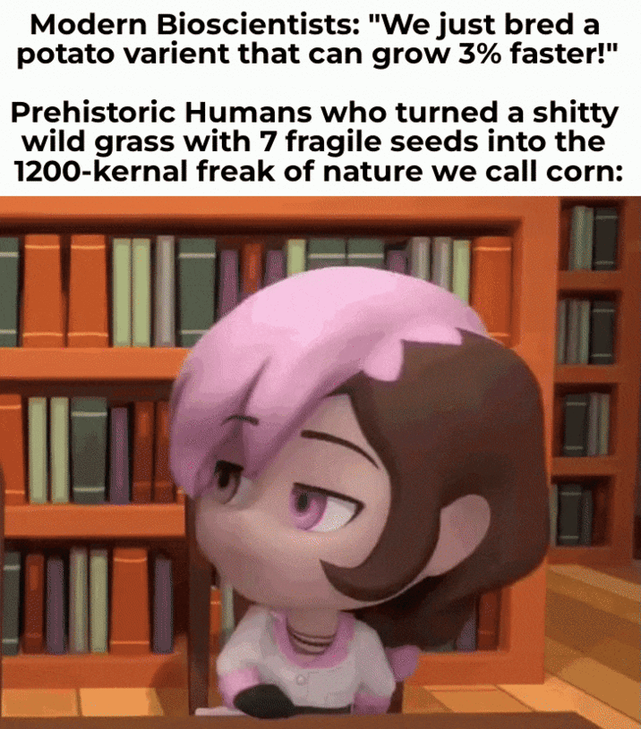 Modern Bioscientists: "We just bred a potato varient that can grow 3% faster!" Prehistoric Humans who turned a s----- wild grass with 7 fragile seeds into the 1200-kernal freak of nature we call corn: