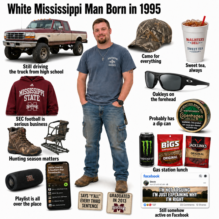 White Mississippi Man Born in 1995 Still driving the truck from high school MISSISSIPPI STATE STATE + SOUTHERN RAISED Camo for everything MCALISTER'S \*DELI⭑ SWEET TEA *LEGENDARY* Sweet tea, always SEC football is serious business Oakleys on the forehead Probably has a dip can SATISFACTION SINCE 1822 WINTERGREEN Copenhagen LONG CUT O WARNING: This product can cause gum disease and tooth loss. Hunting season matters JBL 2000s Country & Southern Rap Throwbacks Playlist is all over the place A MONSTER ENERGY BIGS SUNFLOWER SEEDS ORIGINAL ROASTED & SALTED JACK LINK'S ORIGINAL BEEF JERKY Gas station lunch facebook Devin Hank Jr-All My Roerdy Friends Ouast-Ma. Jackson Ying Yang Twins-Salt Shaker TL-Whatever You Like Nely-Country Grammar SAYS "Y'ALL" EVERY THIRD SENTENCE GRADUATED IN 2013 STATE April 27 at 8:47 AM - I'M NOT ARGUING I'M JUST EXPLAINING WHY I'M RIGHT 137 23 Comments 12 Shares Still somehow active on Facebook