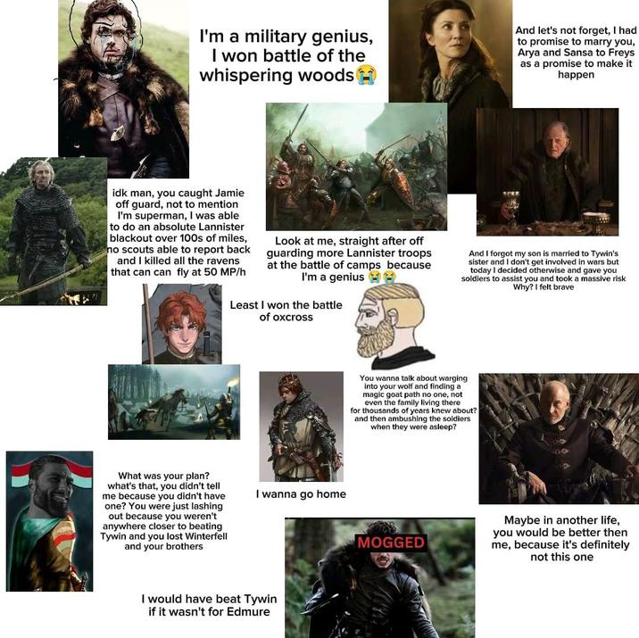 I'm a military genius, I won battle of the whispering woods And let's not forget, I had to promise to marry you, Arya and Sansa to Freys as a promise to make it happen idk man, you caught Jamie off guard, not to mention I'm superman, I was able to do an absolute Lannister blackout over 100s of miles, no scouts able to report back and I killed all the ravens that can can fly at 50 MP/h Look at me, straight after off guarding more Lannister troops at the battle of camps because I'm a genius Least I won the battle of oxcross And I forgot my son is married to Tywin's sister and I don't get involved in wars but today I decided otherwise and gave you soldiers to assist you and took a massive risk Why? I felt brave What was your plan? what's that, you didn't tell me because you didn't have one? You were just lashing out because you weren't anywhere closer to beating Tywin and you lost Winterfell and your brothers I wanna go home I would have beat Tywin if it wasn't for Edmure You wanna talk about warging into your wolf and finding a magic goat path no one, not even the family living there for thousands of years knew about? and then ambushing the soldiers when they were asleep? MOGGED Maybe in another life, you would be better then me, because it's definitely not this one