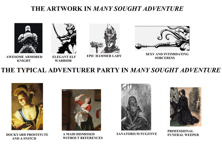 THE ARTWORK IN MANY SOUGHT ADVENTURE H S AWESOME ARMORED ELEGANT ELF WARRIOR EPIC HAMMER LADY KNIGHT SEXY AND INTIMIDATING SORCERESS THE TYPICAL ADVENTURER PARTY IN MANY SOUGHT ADVENTURE PROFESSIONAL DOCKYARD PROSTITUTE A MAID DISMISSED SANATORIUM FUGITIVE FUNERAL WEEPER AND A SNITCH WITHOUT REFERENCES