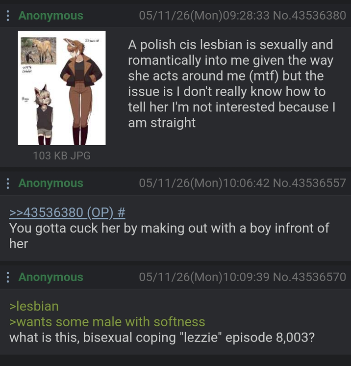 : Anonymous Cinlabiek 23 05/11/26(Mon)09:28:33 No.43536380 A polish cis lesbian is sexually and romantically into me given the way she acts around me (mtf) but the issue is I don't really know how to tell her I'm not interested because I am straight 103 KB JPG Anonymous >>43536380 (OP) # 05/11/26(Mon) 10:06:42 No.43536557 You gotta cuck her by making out with a boy infront of her Anonymous >lesbian 05/11/26(Mon) 10:09:39 No.43536570 >wants some male with softness what is this, bisexual coping "l-----" episode 8,003?