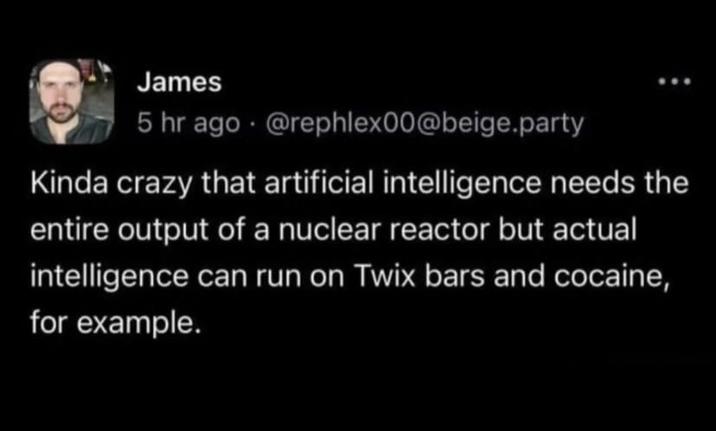 James 5 hr ago @rephlex00@beige.party Kinda crazy that artificial intelligence needs the entire output of a nuclear reactor but actual intelligence can run on Twix bars and cocaine, for example.