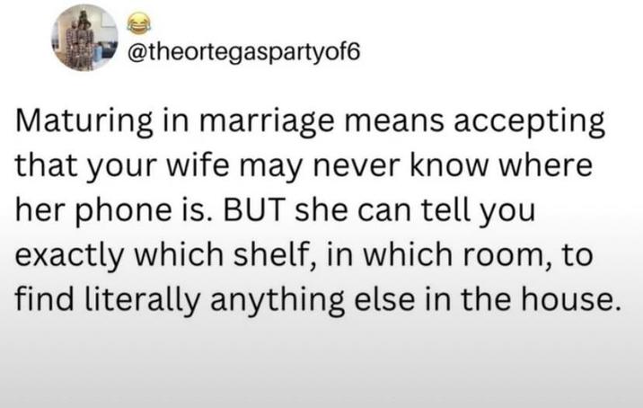 @theortegaspartyof6 Maturing in marriage means accepting that your wife may never know where her phone is. BUT she can tell you exactly which shelf, in which room, to find literally anything else in the house.