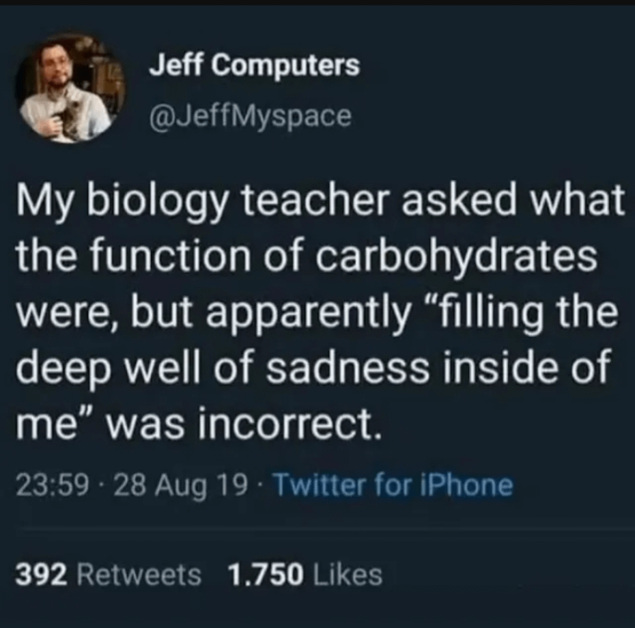 Jeff Computers @JeffMyspace My biology teacher asked what the function of carbohydrates were, but apparently "filling the deep well of sadness inside of me" was incorrect. 23:59 - 28 Aug 19. Twitter for iPhone 392 Retweets 1.750 Likes