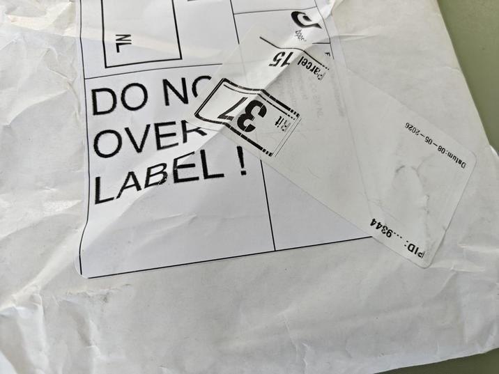 PID: ...9344 Rit Datum: 08-05-2026 Parcel 37 15 bpos LABEL! OVER DO NO NL TM