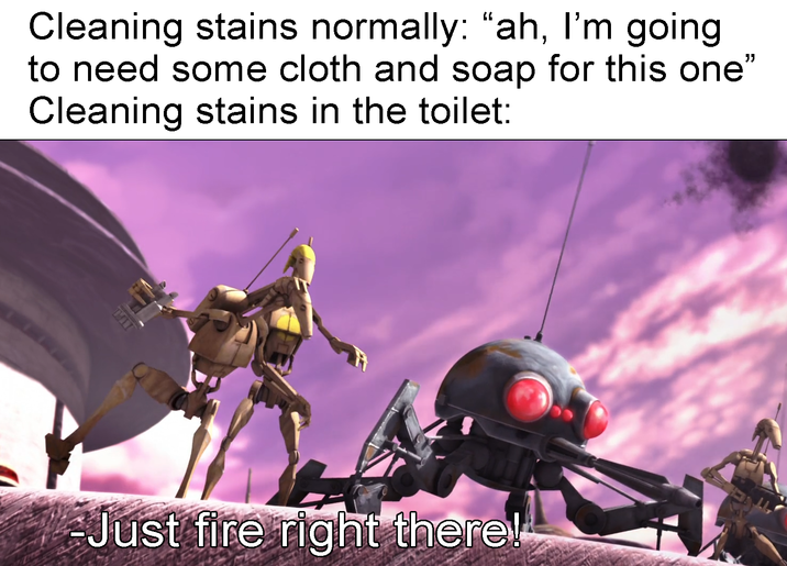 Cleaning stains normally: "ah, I'm going to need some cloth and soap for this one" Cleaning stains in the toilet: Just fire right there!