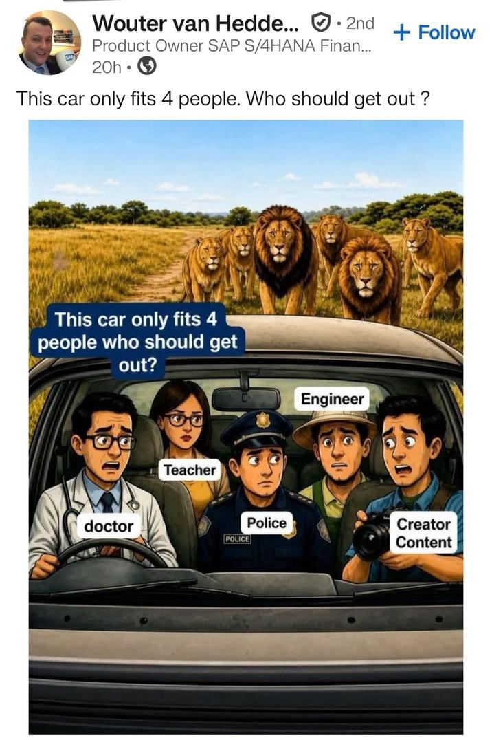 Wouter van Hedde... • 2nd + Follow Product Owner SAP S/4HANA Finan... SAP 20h • This car only fits 4 people. Who should get out? This car only fits 4 people who should get out? doctor Teacher Engineer Police Creator POLICE Content