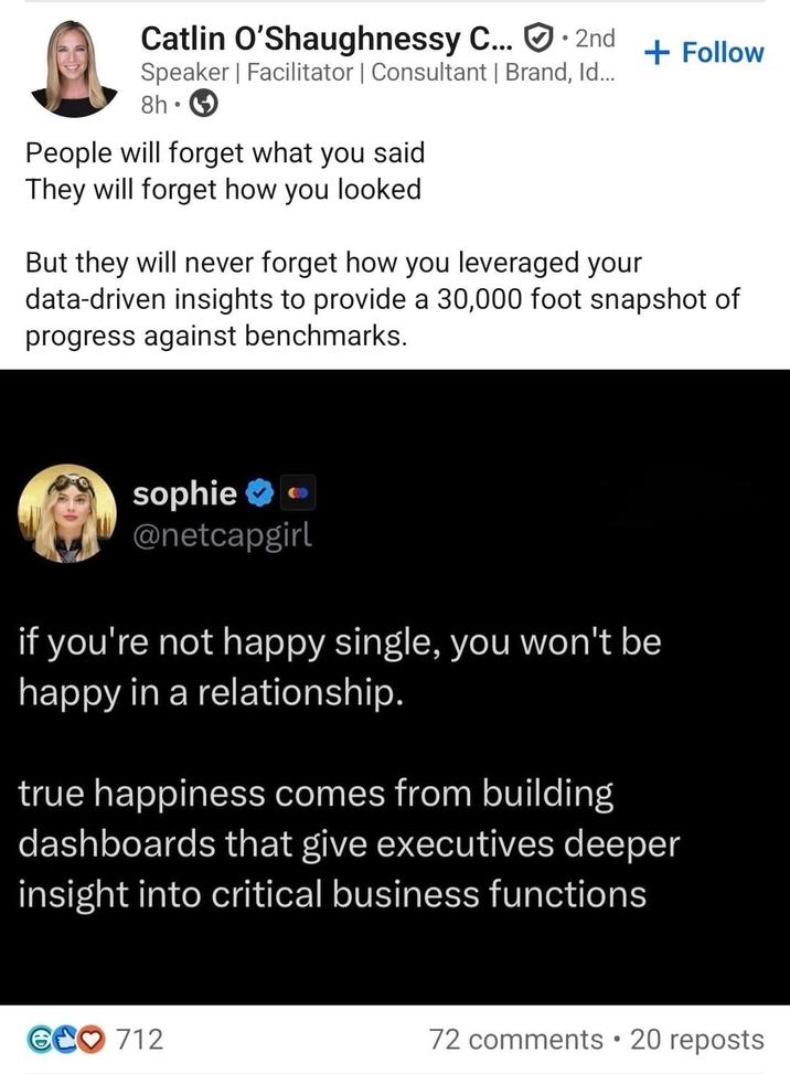 2nd + Follow Catlin O'Shaughnessy C... Speaker | Facilitator | Consultant | Brand, Id... 8h People will forget what you said They will forget how you looked But they will never forget how you leveraged your data-driven insights to provide a 30,000 foot snapshot of progress against benchmarks. sophie @netcapgirl if you're not happy single, you won't be happy in a relationship. true happiness comes from building dashboards that give executives deeper insight into critical business functions eco 712 72 comments • 20 reposts
