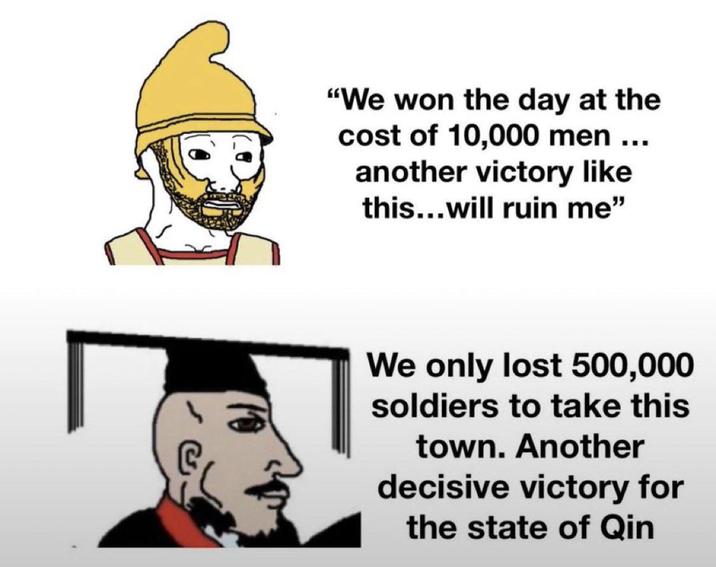 "We won the day at the cost of 10,000 men ... another victory like this...will ruin me" We only lost 500,000 soldiers to take this town. Another decisive victory for the state of Qin