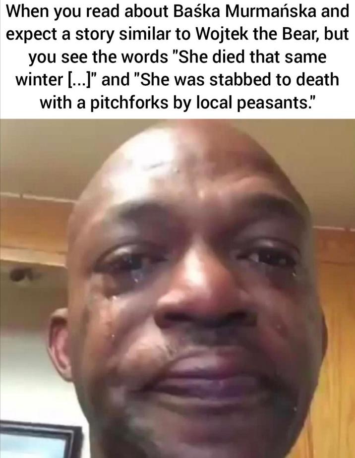 When you read about Baśka Murmańska and expect a story similar to Wojtek the Bear, but you see the words "She died that same winter [...]" and "She was stabbed to death with a pitchforks by local peasants."