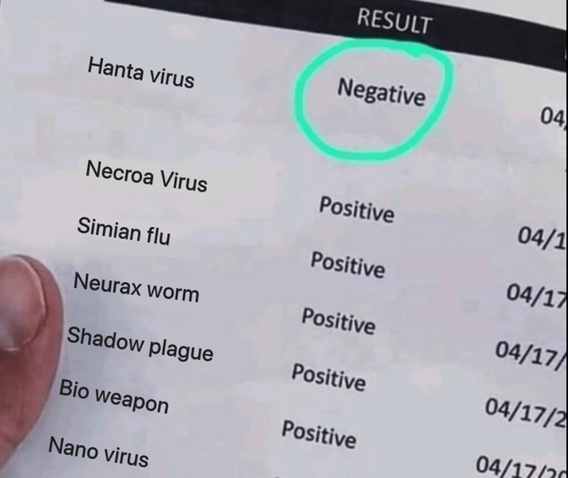 RESULT Negative 04 Hanta virus Necroa Virus Positive 04/1 Simian flu Positive 04/17 Neurax worm Positive 04/17/ Shadow plague Positive 04/17/2 Bio weapon Positive 04/17/30 Nano virus