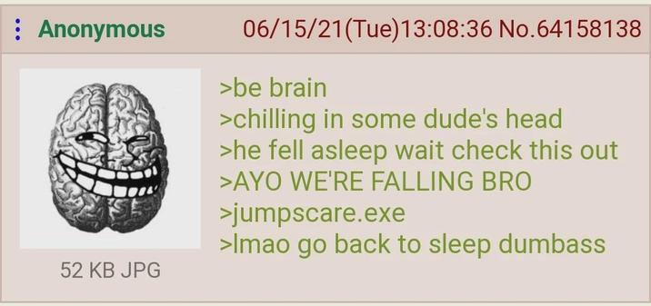 : Anonymous 52 KB JPG 06/15/21(Tue)13:08:36 No.64158138 >be brain >chilling in some dude's head >he fell asleep wait check this out >AYO WE'RE FALLING BRO >jumpscare.exe >Imao go back to sleep dumbass
