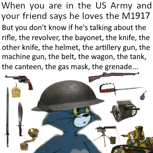 When you are in the US Army and your friend says he loves the M1917 But you don't know if he's talking about the rifle, the revolver, the bayonet, the knife, the other knife, the helmet, the artillery gun, the machine gun, the belt, the wagon, the tank, the canteen, the gas mask, the grenade...