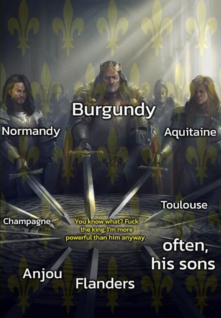 Normandy Burgundy Champagne You know what? F--- Aquitaine Toulouse Anjou the king, I'm more powerful than him anyway. Flanders often, his sons