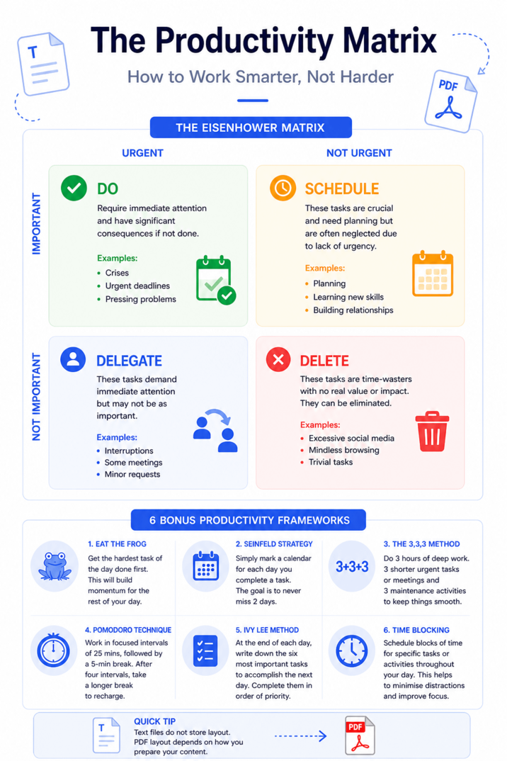 NOT IMPORTANT IMPORTANT T The Productivity Matrix How to Work Smarter, Not Harder PDF URGENT THE EISENHOWER MATRIX NOT URGENT DO Require immediate attention and have significant consequences if not done. Examples: • Crises • Urgent deadlines • Pressing problems SCHEDULE These tasks are crucial and need planning but are often neglected due to lack of urgency. Examples: Planning ⚫ Learning new skills • Building relationships DELEGATE These tasks demand immediate attention but may not be as important. Examples: Interruptions Some meetings • Minor requests X DELETE These tasks are time-wasters with no real value or impact. They can be eliminated. Examples: • Excessive social media • Mindless browsing ⚫ Trivial tasks 6 BONUS PRODUCTIVITY FRAMEWORKS 1. EAT THE FROG Get the hardest task of the day done first. This will build momentum for the rest of your day. 2. SEINFELD STRATEGY Simply mark a calendar for each day you complete a task. The goal is to never miss 2 days. 4. POMODORO TECHNIQUE Work in focused intervals of 25 mins, followed by a 5-min break. After four intervals, take a longer break to recharge. QUICK TIP III T Text files do not store layout. 3+3+3 & 3. THE 3,3,3 METHOD Do 3 hours of deep work. 3 shorter urgent tasks or meetings and 3 maintenance activities. to keep things smooth. 5. IVY LEE METHOD At the end of each day, write down the six most important tasks to accomplish the next day. Complete them in order of priority. 6. TIME BLOCKING Schedule blocks of time for specific tasks or activities throughout your day. This helps to minimise distractions and improve focus. PDF layout depends on how you prepare your content. PDF --> &