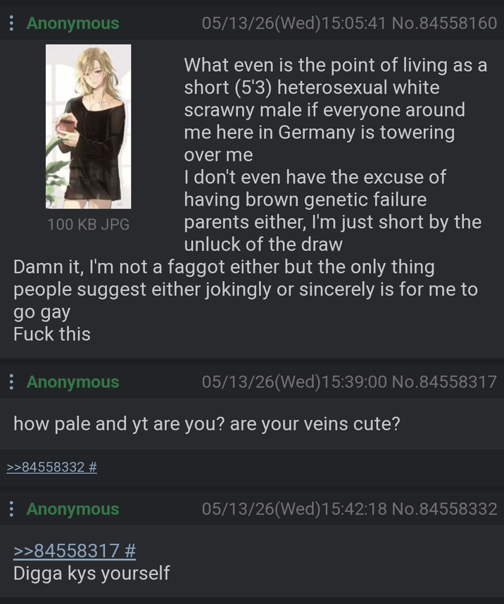 Anonymous 100 KB JPG 05/13/26(Wed)15:05:41 No.84558160 What even is the point of living as a short (5'3) heterosexual white scrawny male if everyone around me here in Germany is towering over me I don't even have the excuse of having brown genetic failure parents either, I'm just short by the unluck of the draw Damn it, I'm not a f----- either but the only thing people suggest either jokingly or sincerely is for me to go gay F--- this : Anonymous 05/13/26(Wed)15:39:00 No.84558317 how pale and yt are you? are your veins cute? >>84558332 # : Anonymous >>84558317 # Digga kys yourself 05/13/26(Wed)15:42:18 No.84558332
