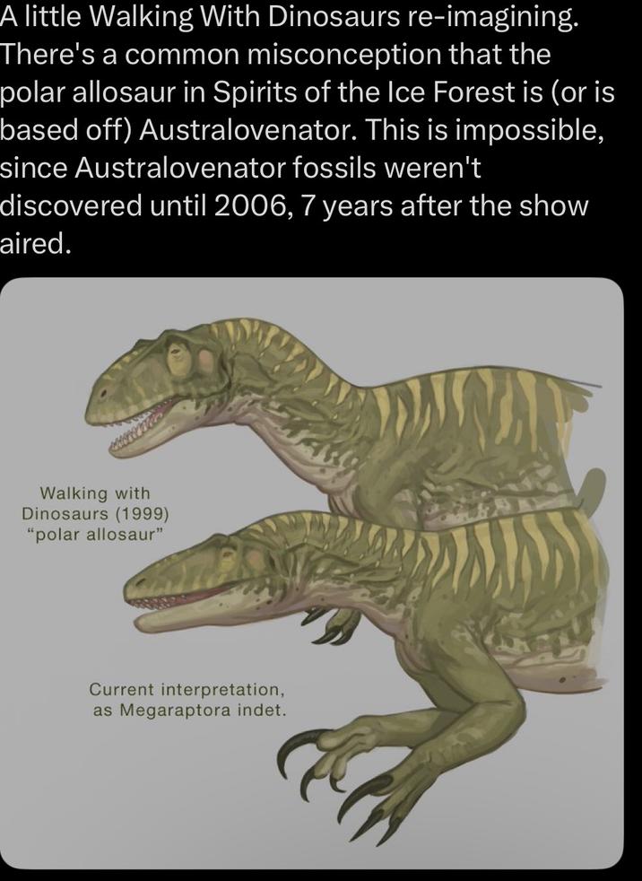 A little Walking With Dinosaurs re-imagining. There's a common misconception that the polar allosaur in Spirits of the Ice Forest is (or is based off) Australovenator. This is impossible, since Australovenator fossils weren't discovered until 2006, 7 years after the show aired. Walking with Dinosaurs (1999) "polar allosaur" Current interpretation, as Megaraptora indet.