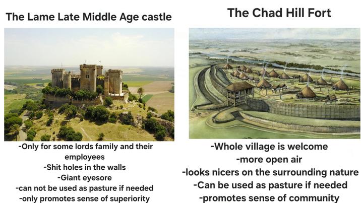 The Lame Late Middle Age castle The Chad Hill Fort -Only for some lords family and their employees -S--- holes in the walls -Giant eyesore -can not be used as pasture if needed -only promotes sense of superiority -Whole village is welcome -more open air -looks nicers on the surrounding nature -Can be used as pasture if needed -promotes sense of community