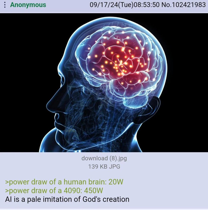 : Anonymous 09/17/24(Tue)08:53:50 No.102421983 download (8).jpg 139 KB JPG >power draw of a human brain: 20W >power draw of a 4090: 450W Al is a pale imitation of God's creation