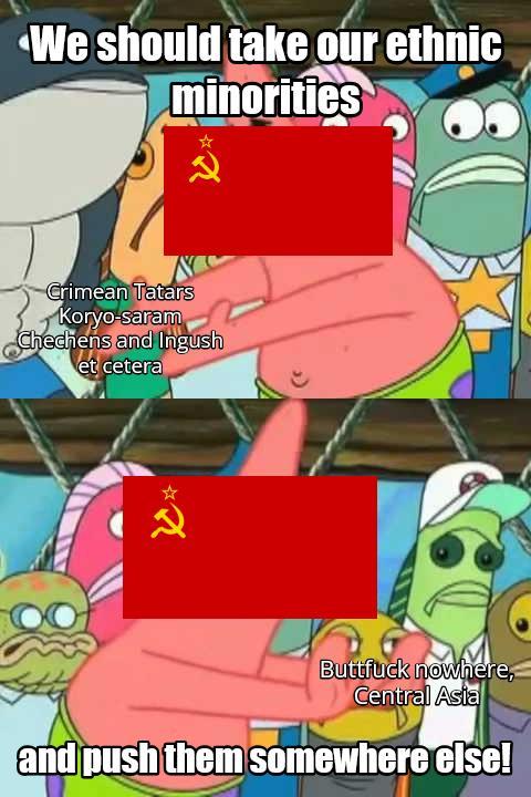 We should take our ethnic minorities Crimean Tatars Koryo-saram Chechens and Ingush et cetera マイ B------- nowhere, Central Asia and push them somewhere else!