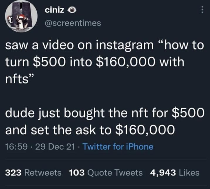 ciniz O @screentimes saw a video on instagram "how to turn $500 into $160,000 with nfts" dude just bought the nft for $500 and set the ask to $160,000 16:59 29 Dec 21 Twitter for iPhone 323 Retweets 103 Quote Tweets 4,943 Likes