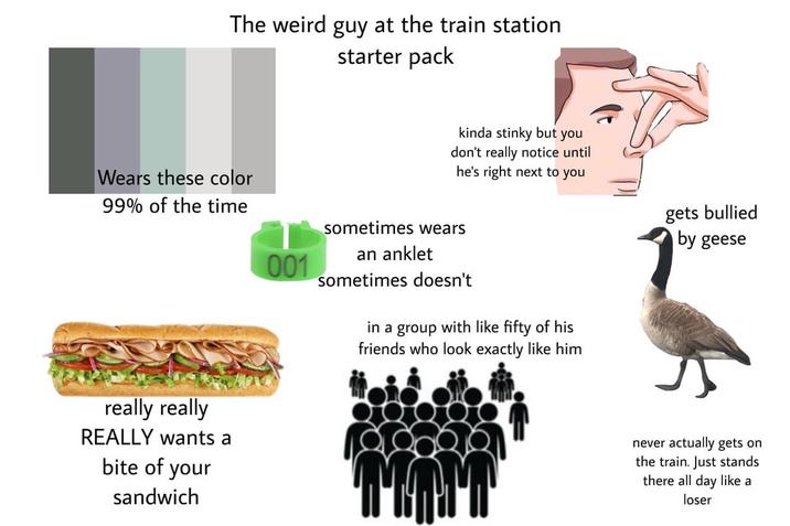 The weird guy at the train station starter pack kinda stinky but you don't really notice until he's right next to you gets bullied by geese Wears these color 99% of the time sometimes wears an anklet 001 really really REALLY wants a bite of your sandwich sometimes doesn't in a group with like fifty of his friends who look exactly like him never actually gets on the train. Just stands there all day like a loser