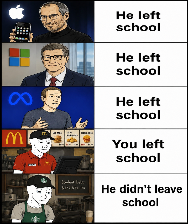 8 M M WOJAK M He left school He left school Big Mac 10 Pc. McNuggets French Fries $5.99 $3.99 $4.99 $2.99 $2.99 Student Debt: $127,834.00 He left school You left school He didn't leave school