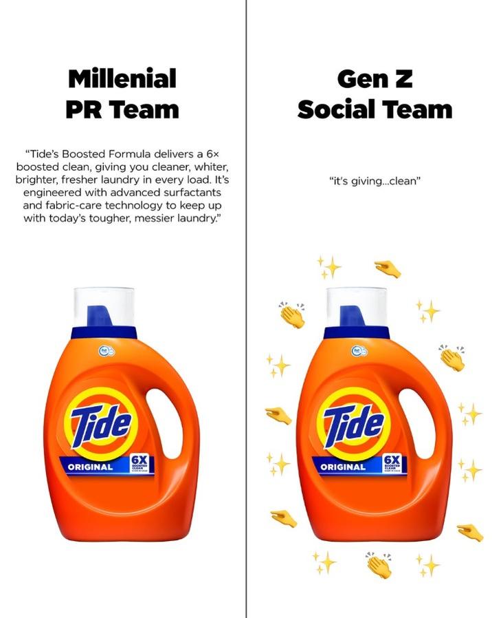 Millenial PR Team Gen Z Social Team "Tide's Boosted Formula delivers a 6x boosted clean, giving you cleaner, whiter, brighter, fresher laundry in every load. It's engineered with advanced surfactants and fabric-care technology to keep up with today's tougher, messier laundry." "it's giving...clean" Tide Tide 6X 6X ORIGINAL ORIGINAL