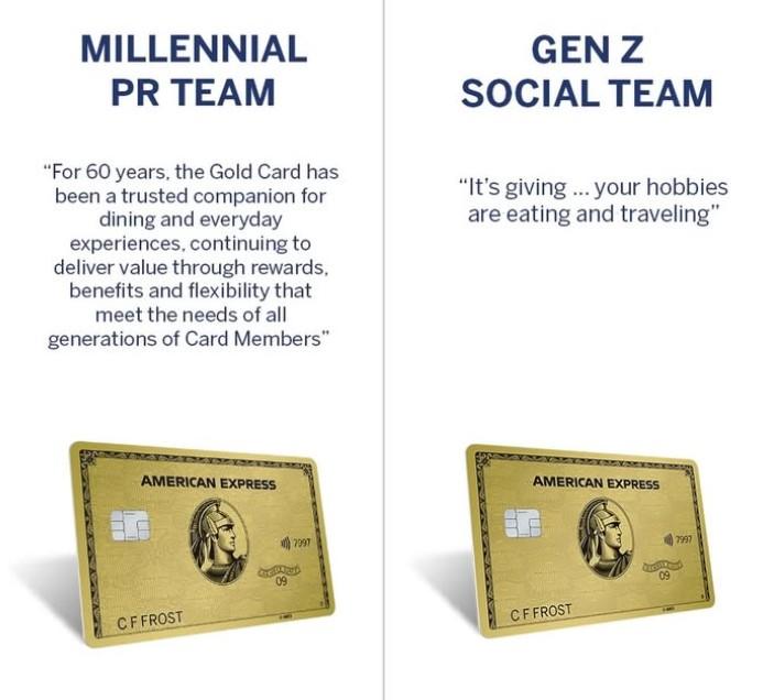 MILLENNIAL PR TEAM "For 60 years, the Gold Card has been a trusted companion for dining and everyday experiences, continuing to deliver value through rewards, benefits and flexibility that meet the needs of all generations of Card Members" GEN Z SOCIAL TEAM "It's giving... your hobbies are eating and traveling" AMERICAN EXPRESS CFFROST 09 7997 AMERICAN EXPRESS CFFROST 09 7997