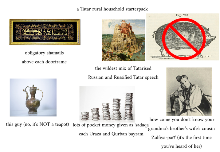 obligatory shamails above each doorframe a Tatar rural household starterpack Fig. 237. the wildest mix of Tatarised Russian and Russified Tatar speech this guy (no, it's NOT a teapot) lots of pocket money given as 'sadaqa' each Uraza and Qurban bayram 'how come you don't know your grandma's brother's wife's cousin Zulfiya-pa?! (it's the first time you've heard of her)
