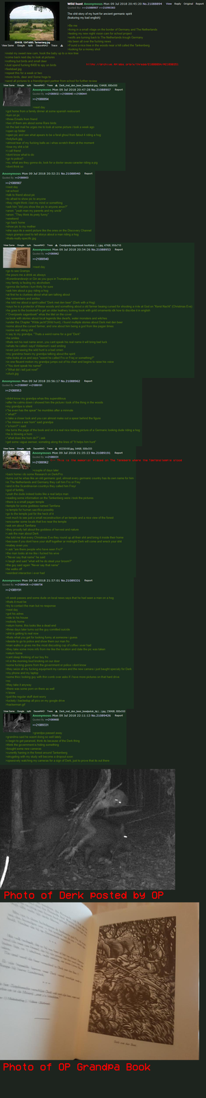 204KIB, 1247x883, Tankenberg.jpg View Same Google iqdb SauceNAO Trace + Wild hunt Anonymous Mon 09 Jul 2018 20:45:20 No.21088894 View Reply Original Report Quoted By: >>21088907 >>21090383 The s--- story of my hunt for ancient germanic spirit (featuring my bad english) >Be me >living in a small vilage on the border of Germany and The Netherlands >testing my new night vision cam for school project >wolfs are turning back to The Netherlands trough Germany >its been all over the f------ news >Found a nice tree in the woods near a hill called the Tankenberg >looking for a money shot >instal my sweet new cam, hook the baby up to a nice tree >come back next day to look at pictures >nothing but birds and small deer >Just spend f------ €400 to spy on birds >feelsbad.jpg >repeat this for a week or two >more birds, deer and Some hogs to https://archive. 4plebs.org/x/thread/21088894/#21090351 >send all pictures to a friend/project partner from school for further review Report View Same Google iqdb SauceNAO Trace Derk_met_den_beer_bewijsstuk.jpg, 134KiB, 800x550 Anonymous Mon 09 Jul 2018 20:47:28 No.21088907 Quoted By: >>21088932 >>21088940 >>21090441 >>21088894 >next day >got home from a family dinner at some spanish restourant >turn on pc >three Emails from friend >two of them are about some Rare birds >in the last mail he urges me to look at some picture i took a week ago >open op folder >open pic and see what apears to be a feral ghoul from falout 4 riding a hog >holyfuck.jpg >almost tear of my f------ balls as i whas scretch them at the moment >lose my s--- a bit >i call friend >dont know what to do >go to police? >no, what are they gonna do, look for a doctor seuss caracter riding a pig >dont think so Anonymous Mon 09 Jul 2018 20:52:21 No.21088940 Report Quoted By: >>21088953 >>21088907 >next day >at school >talk to friend about pic >to afraid to show pic to anyone >they might think i lost my mind or something >ask him "did you show the pic to anyone anon?" >anon: "yeah man my parents and my uncle" >anon: "They think its prety funny" >weekend >go back home >show pic to my mother >she says its a weird picture like the ones on the Discovery Channel >says grampa used to tell storys about a man riding a hog >thats-really-specific.jpg View Same Google iqdb SauceNAO Trace Overijssels sagenboek hoofdstuk (...).jpg, 47KiB, 958x718 Anonymous Mon 09 Jul 2018 20:54:26 No.21088953 Report Quoted By: >>21088962 >>21088940 >go to see Gramps >next day >he pours me a drink as always >Korenbrandewijn or Gin as you guys in Trumptopia call it >my family is feuling my alcoholism >gonna die before i turn thirty for sure >ask him about a guy riding a hog >at first he is clueless about what iam talking about >he remembers and smiles >he told me about a spirit called "Derk met den beer" (Derk with a Hog) >says he is a protector of these woods and something about a old farmer beaing cursed for shooting a rivle at God on "Kerst Nacht" (Christmas Eve) >he goes to the bookshelf to get an older leathery looking book with gold ornaments idk how to discribe it in english >"Overijssels sagenboek" whas the titel on the cover >a book with stories about local legends like dwarfs, water monsters and witches >under the Chapter "Wilde jacht"(Wild hunt), i found multiple stories about Derk met den beer >some about the cursed farmer, and one about him being a god from like pagan times >some real viking s--- >i say to my grandpa, "Thats a weird name for a god "Derk" >he smiles >thats not his real name anon, you cant speak his real name it will bring bad luck >whats he called i sayd Voldemort i said smiling >even just seeing the wild hunt is a bad omen >my grandma hears my grandpa talking about the spirit >she looks at us and says "wasnt he called Fro or Friej or something?" >in one fleuent motion my grandpa jumps out of his chair and begins to raise his voice >"You dont speak his name!" >"What did i tell just now!" >ofuck.jpg Anonymous Mon 09 Jul 2018 20:56:17 No.21088962 Report Quoted By: >>21088987 >>21089191 >>21088953 >didnt know my grandpa whas this superstitious >after he calms down i showed him the picture i took of the thing in the woods >my grandpa is silent >"he even has the spear" he mumbles after a minnute >"what?" >i take a closer look and you can almost make out a spear behind the figure >"he misses a war horn" said grandpa >"a horn?" i said >he turns the page of the book and on it a real nice looking picture of a Germanic looking dude riding a hog >he is blowing a horn >"what does the hom do?" i ask >get some vague awnser, someting along the lines of "It helps him hunt" View Same Google iqdb SauceNAO Trace 65230180.jpg, 54KiB, 500x333 Anonymous Mon 09 Jul 2018 21:35:23 No.21089191 Quoted By: >>21089331 Report <-- This is the memorial placed on The Tankberg where the Tamfana temple stood >>21088962 >couple of days later >back home i do some Research on Derk/Fro >turns out he whas like an old germanic god, elmost every germanic country has its own name for him >in The Netherlands and Germany they call him Fro or Frey >and in the Scandinavian countrys they called him Freyr >god of fertility >yeah the dude indeed looks like a real ladys man >reading some information on the Tankenberg were i took the pictures >there is a small pagan temple >temple for some goddess named Tamfana >a temple for human sacrifice possibly >go to the temple just for the heck of it >not much to see just a small reconstruction of an temple and a nice view of the forest >encounter some locals that live near the temple >ask em about Tamfana >they proudly tell about the goddess of hervest and nature >i ask the man about Derk >he told me that every Christmas Eve they round up all their s--- and bring it inside their home >becouse if you dont have your stuff together ar midnight Derk will come and wreck your s--- >mabey even you >i ask "are there people who have seen Fro?" >the man looks at me like i f----- his wive >"Never say that name" he said >i laugh and said "what will he do steal your broom?" >the guy said again "Never say that name" >he walks off >weirdest interaction i ever had Anonymous Mon 09 Jul 2018 21:57:01 No.21089331 Quoted By: >>21089426 >>21089736 >>21089191 Report >A week passes and some dude on local news says that he had seen a man on a hog >thats it must be >try to contact the man but no response >next day >got his adres >ride to his house >nobody home >return home, this looks like a dead end >three days later turns out the guy comitted suicide >s--- is getting to real now >thats what you get for looking funny at someone i guess >deside to go to police and show them our man fro >man walks in gives me the most discusting cup of coffee i ever had >they take some more info from me like the location and date the pic was taken >return home >cant sleep thinking of our boy fro >4 in the morning loud knoking on our door >some f------ goons from the government or police i dont know >they seize all my f------ equipment my camara and the new camara i just baught specialy for Derk >my phone and my laptop >some thicc looking guy with thin comb over asks if i have more pictures on that hard drive >по >they take it anyway >there was some p--- on there as well >i know >just the regular stuff dont worry >luckely i backedup all pics on my google drive >hackerman.gif View Same Google iqdb SauceNAO Trace Derk_met_den_beer_bewijsstuk_bij (...).jpg, 236KiB, 800x550 Anonymous Mon 09 Jul 2018 22:11:13 No.21089426 Report Quoted By: >>>21089900 >>21089331 >grandpa passed away >grandma said he wasnt doing so well lately >i begin to get paranoid, think its because of the Derk thing >think the government is hiding something >bought some new cameras >curently haning in the forest around Tankenberg >strugeling with my study will become a dropout soon >opsesively watching my cameras for a sign of Derk, just to prove that its out there Photo of Derk posted by OP 714 cowd, dat hy din and anchot recht omboog, om en La H The werd die boer veranderd in Derk met B Pepe bij hoeve Londonck bepaalde leven waar Derk vooral vechi za bet Carphonsche verschijnt Derk ook met zijn beer a atoo en in de Merijnet za bondekes. Mededeling Volken (Bm). Dert met den Beet Photo of OP Grandpa Book